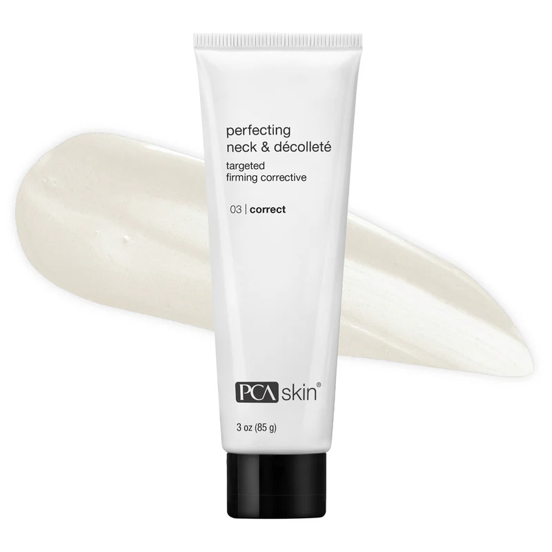 Tube of PCA Skin neck and décolleté cream on a white background