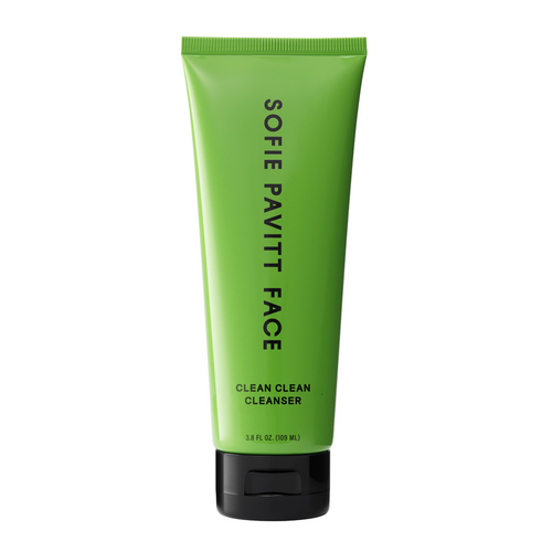 Green tube of Sofie Pavitt Face cleanser on a white background