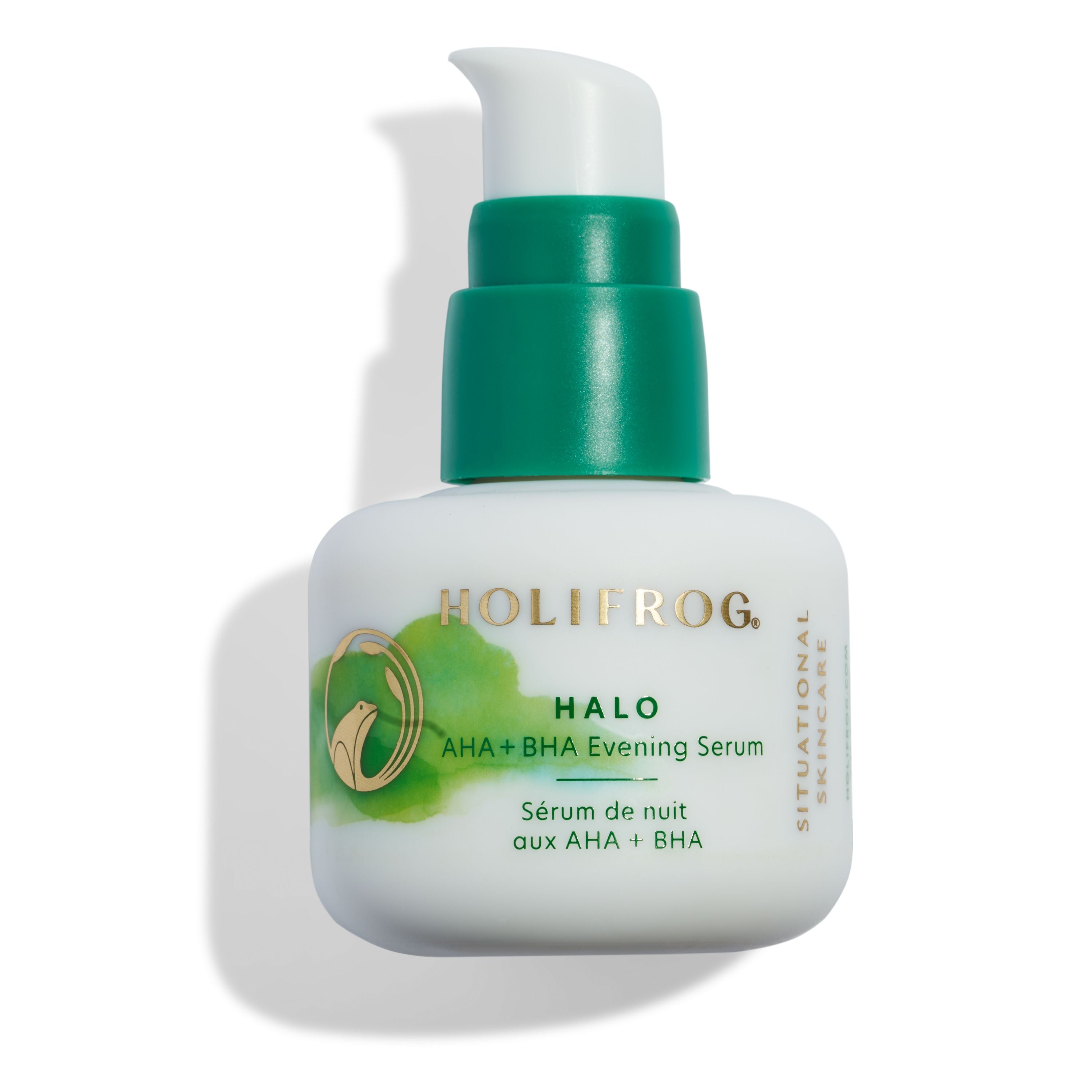 HoliFrog Halo AHA + BHA Evening Serum pump bottle on a dark background