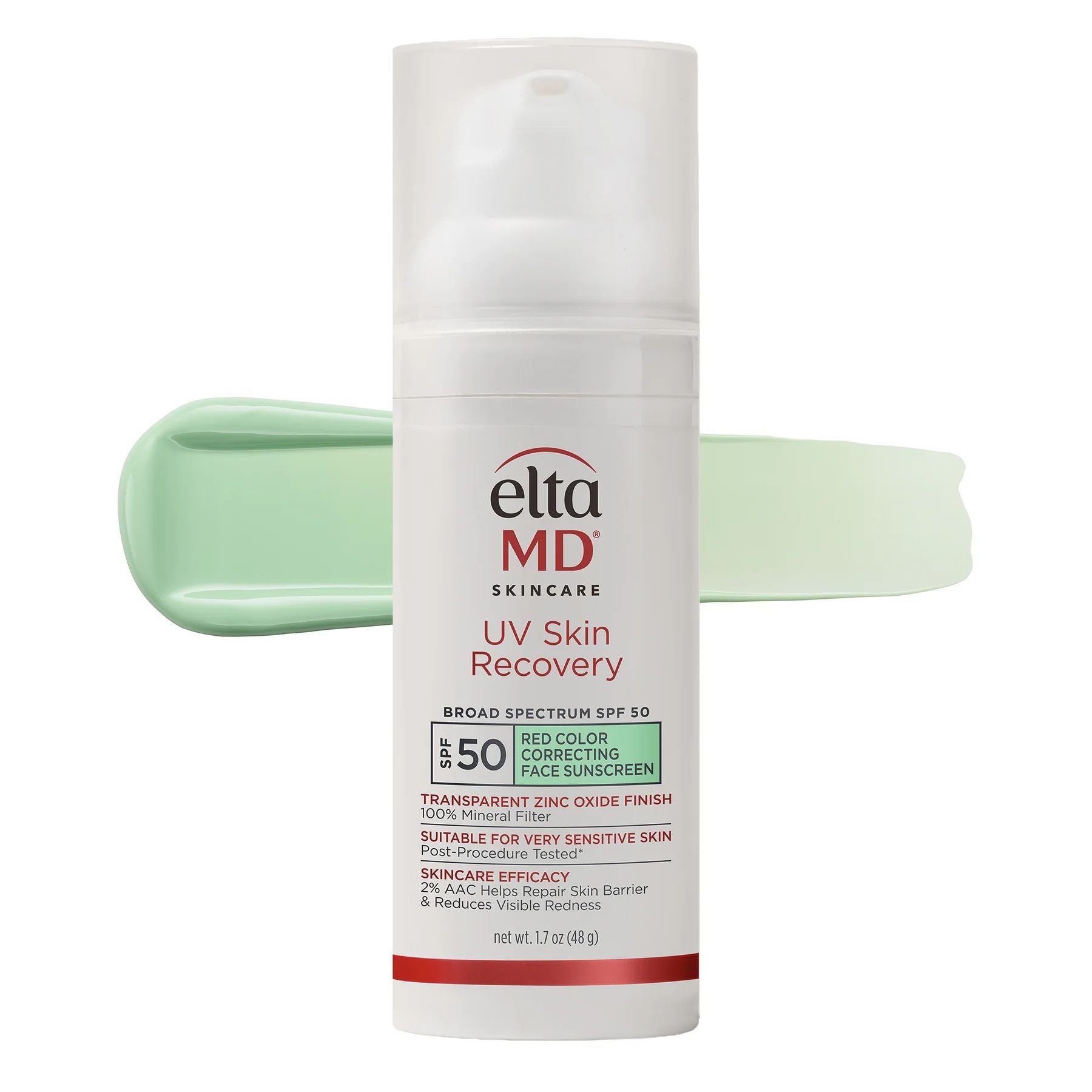 EltaMD UV Skin Recovery SPF 50 Green Tint bottle with green-hued formula on a light background