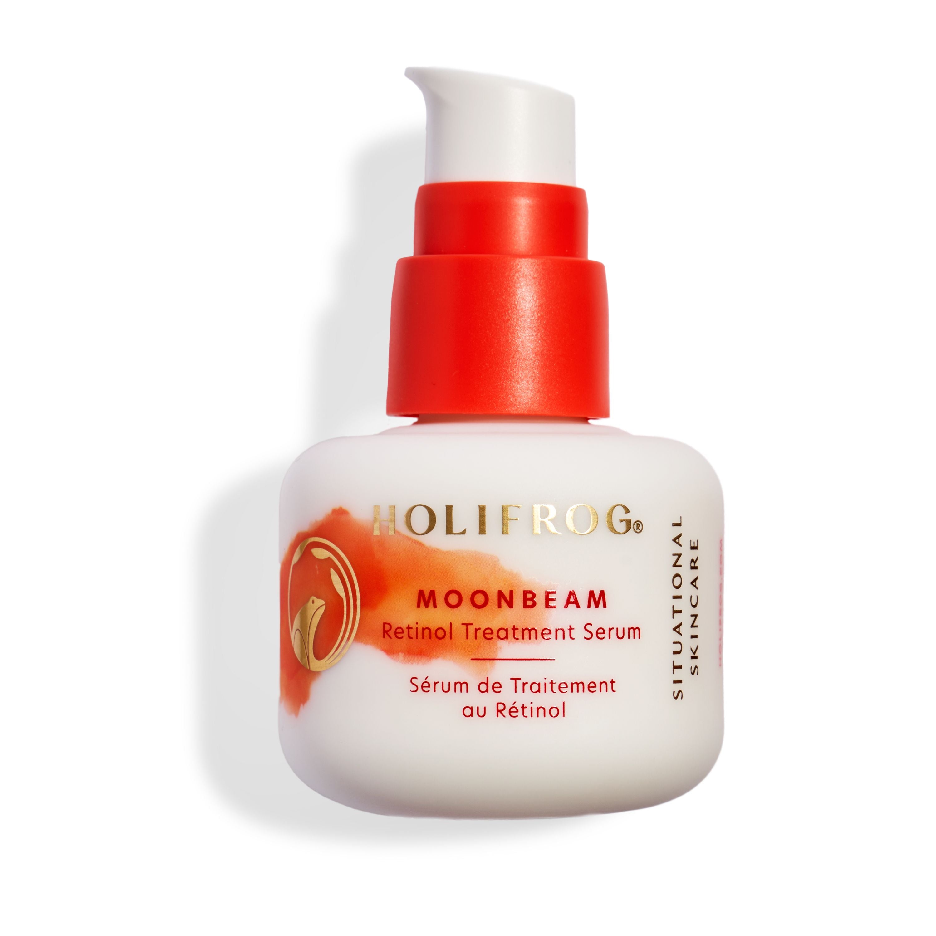 HoliFrog Moonbeam Retinol Serum pump bottle on a dark background