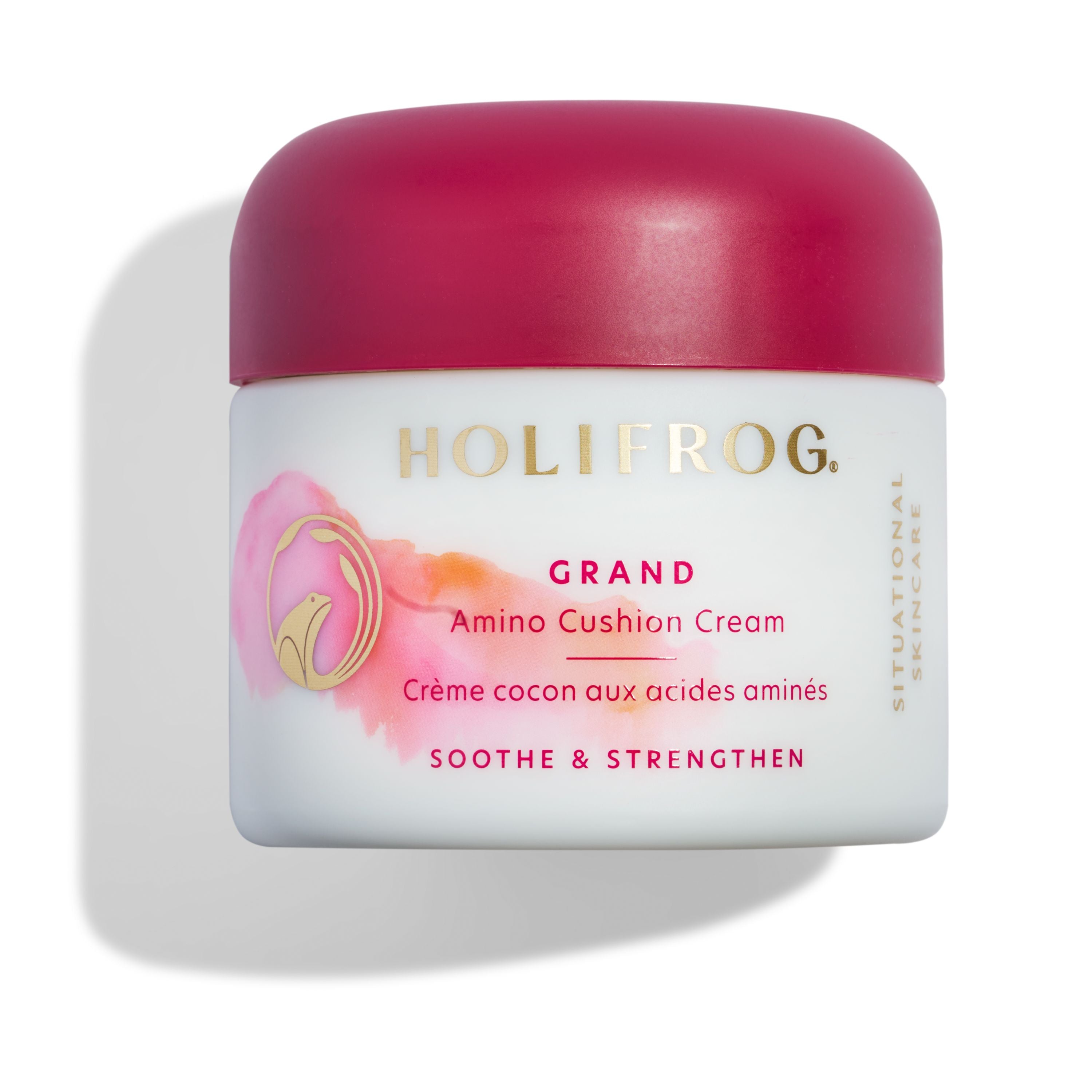 HoliFrog Grand Amino Cushion Cream jar on a warm-toned background