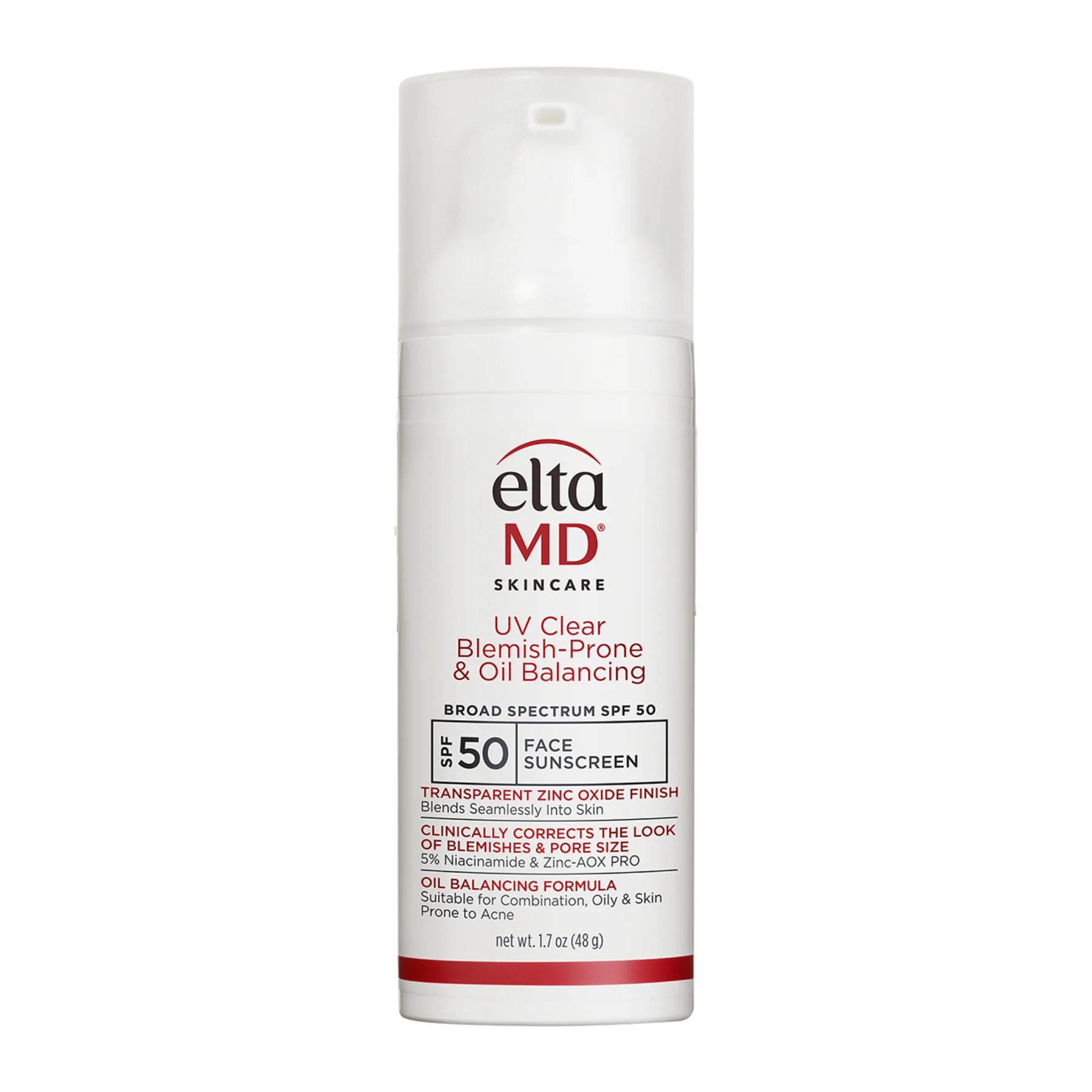 White pump bottle of EltaMD UV Clear Blemish-Prone & Oil Balancing Broad Spectrum SPF 50 face sunscreen, with red and black text on a white label, net weight 1.7 oz (48 g)