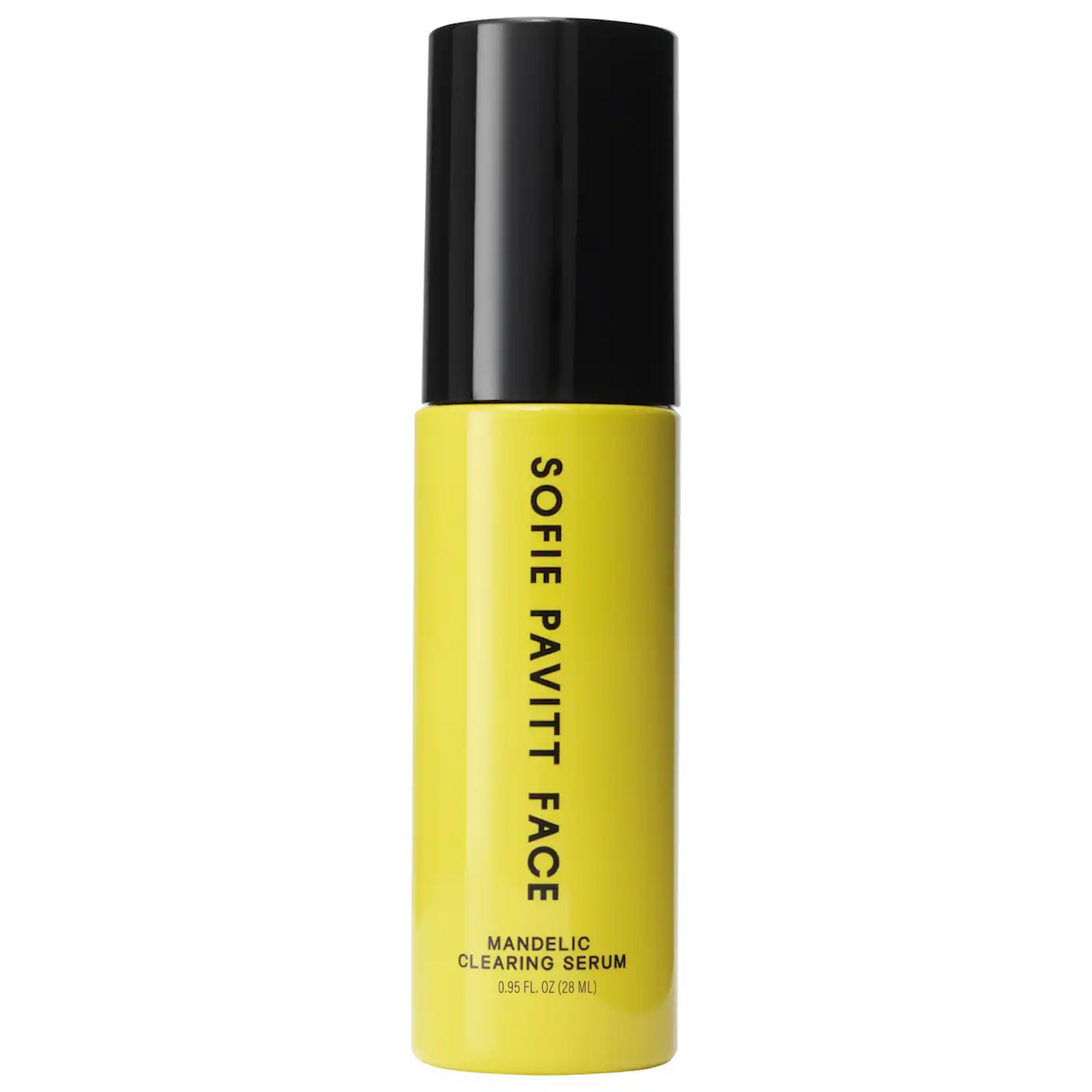 Yellow serum bottle with black cap on a white background