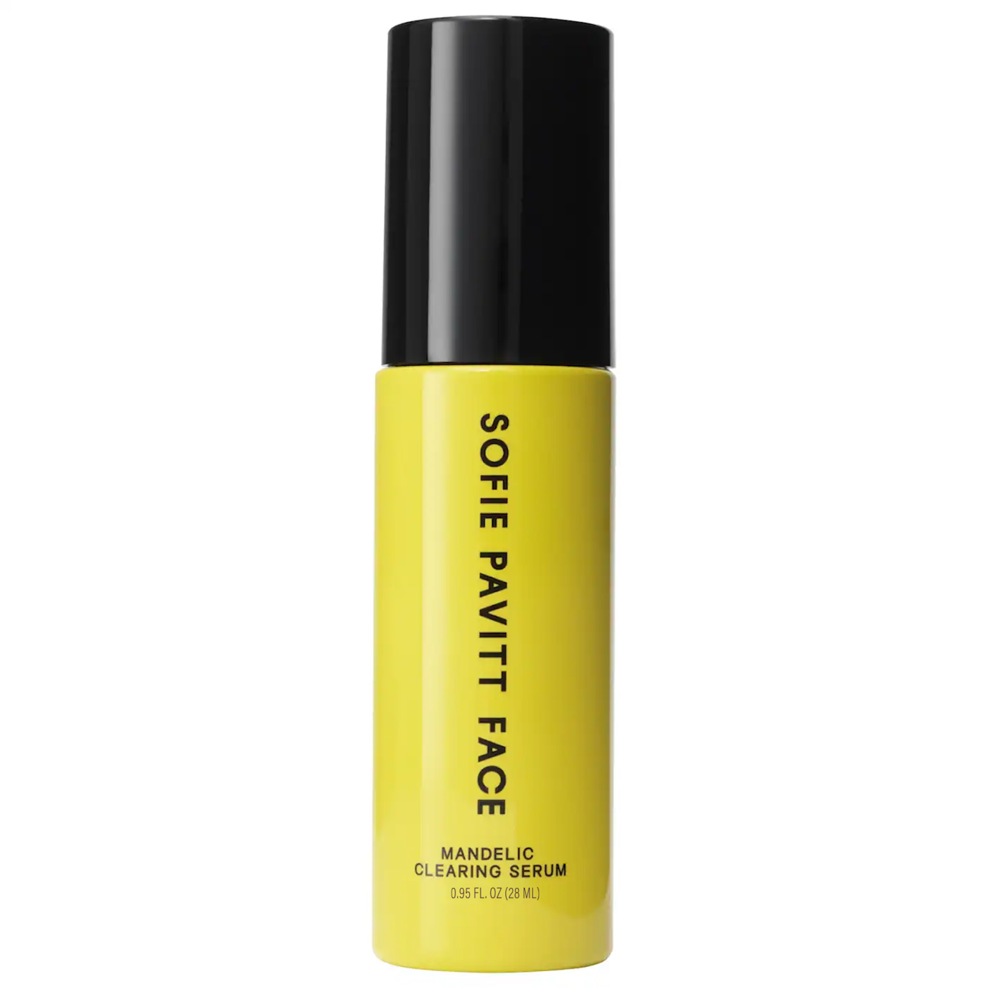 Yellow serum bottle with black cap on a white background