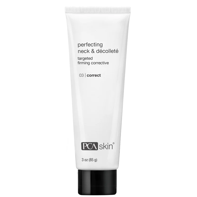 A white squeeze tube of PCA skin Perfecting Neck & Décolleté Targeted Firming Corrective cream with a black cap, shown on a plain white background.