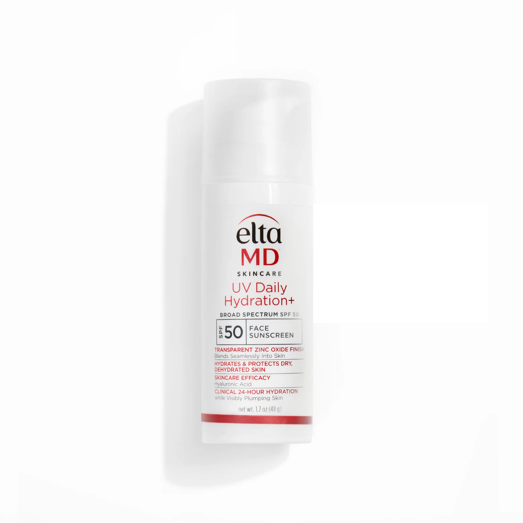 White pump bottle of EltaMD UV Daily Hydration+ Broad Spectrum SPF 50 face sunscreen, with red and black text on a white label, net weight 1.7 oz (48 g)