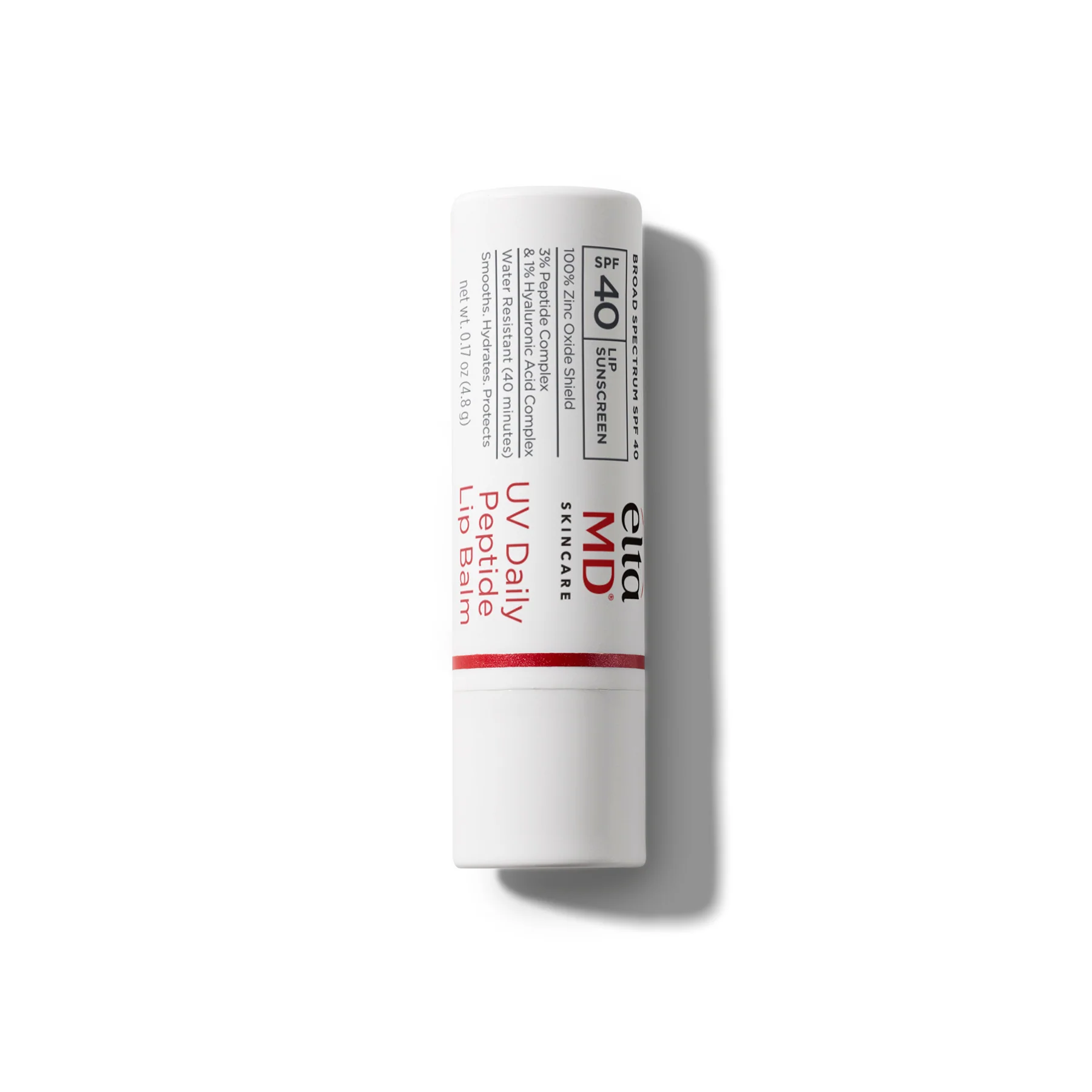 White EltaMD UV Daily Peptide Lip Balm SPF 40 tube with red and black text, laying at an angle on a white background, net weight 0.17 oz (4.8 g)