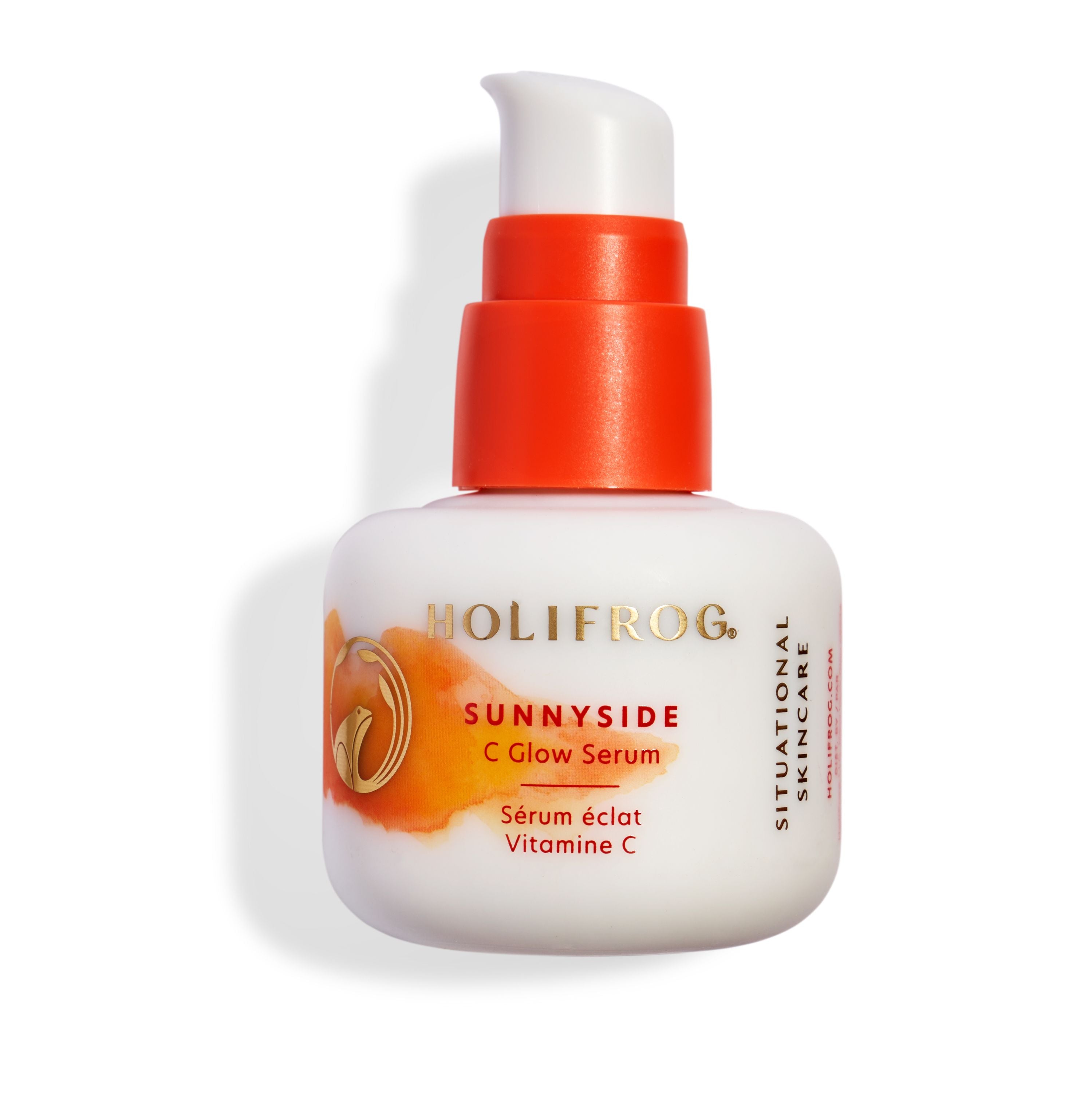 HoliFrog Sunnyside C Glow Serum pump bottle on a bright background